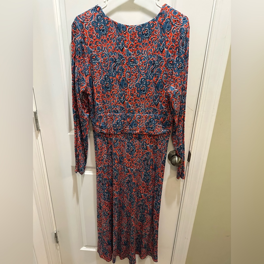 BODEN Elodie Empire Midi Dress Size 14R Red Blue Stretch Long Sleeve - Picture 3 of 4